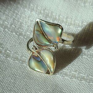 Vintage Sterling Silver & Abalone Bypass Adjustable Double Leaf Ring